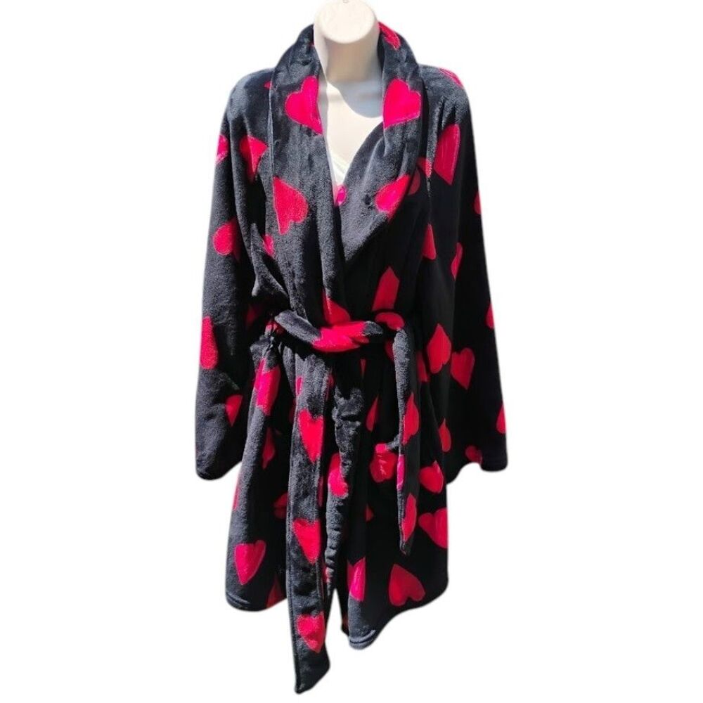 Victoria Secret Cozy Plush Short Robe XL XXL Black Red Heart Fleece Lounge